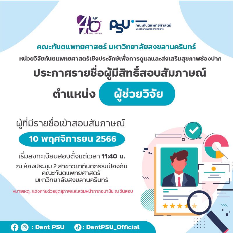 ประกาศรายชื่อผู้มีสิทธิ์สอบสัมภาษณ์ ตำแหน่ง ผู้ช่วยวิจัย